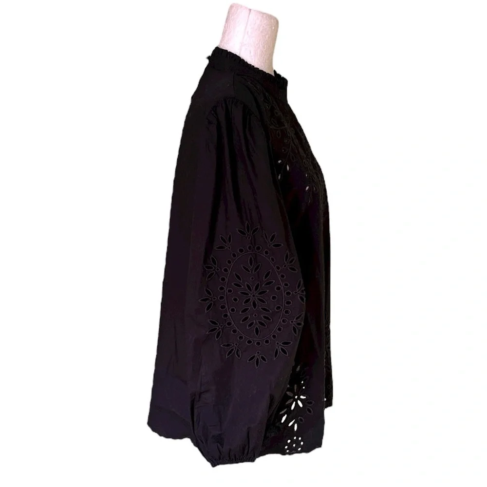 J. Crew Black Embroidered Eyelet Cotton Poplin Ruffle Mockneck Blouse - M